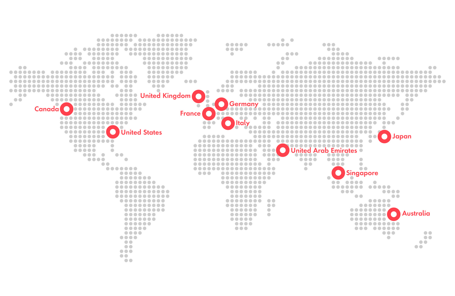 Digital map of the world's countries, highlighting the countries this research collected data from: United States, Canada, UK, France, Germany, Italy, United Arab Emirates, Singapore, Japan and Australia.