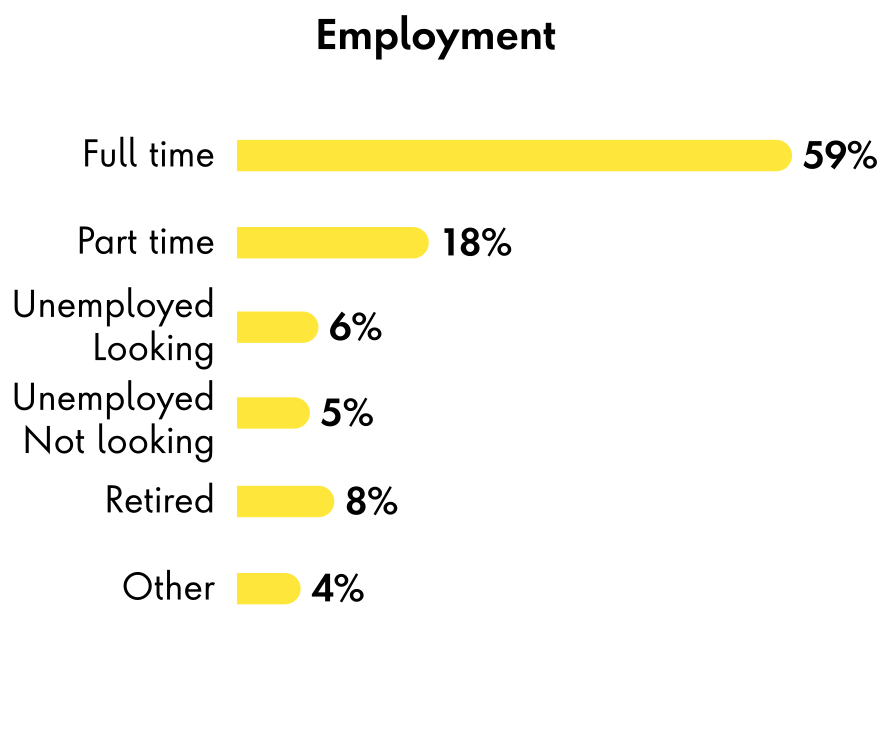Chart depicting demographics of our research, showing employment figuresof a 59% majority being employed full time, 18% part time, with lesser percentages for unemployment and retirement.