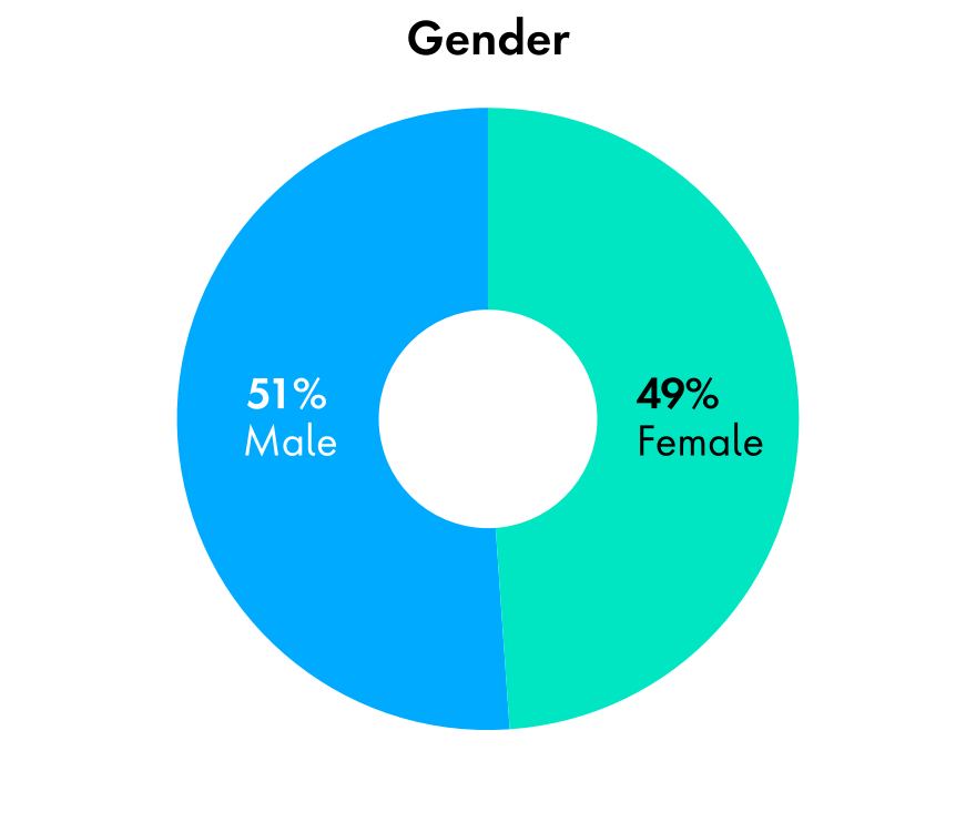 Chart depicting gender split demographics of our research, showing 51% Male, 49% Female,